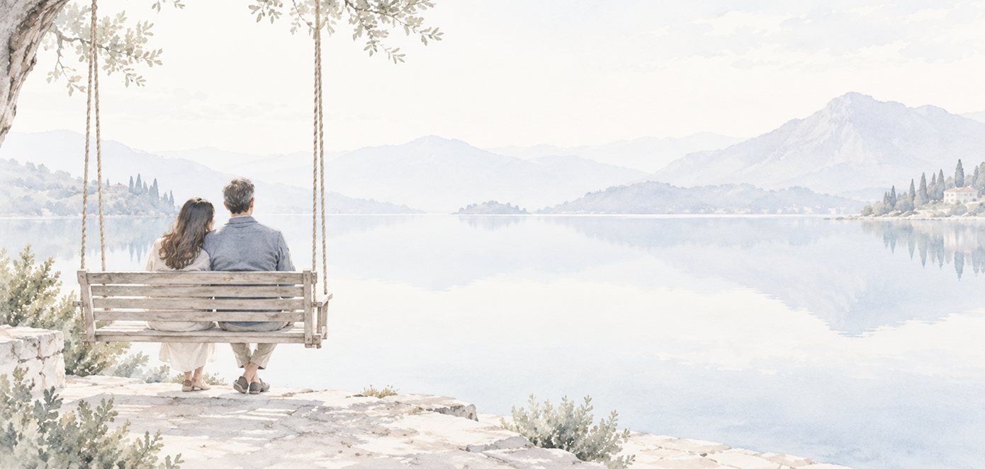 Watercolour of a couple on a swing seat looking over a calm lake and mountains