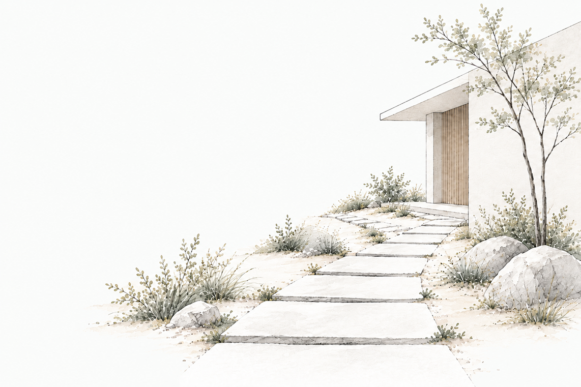 Watercolour of a stone path leading to the entrance of a minimalist house, with a young tree beside the door