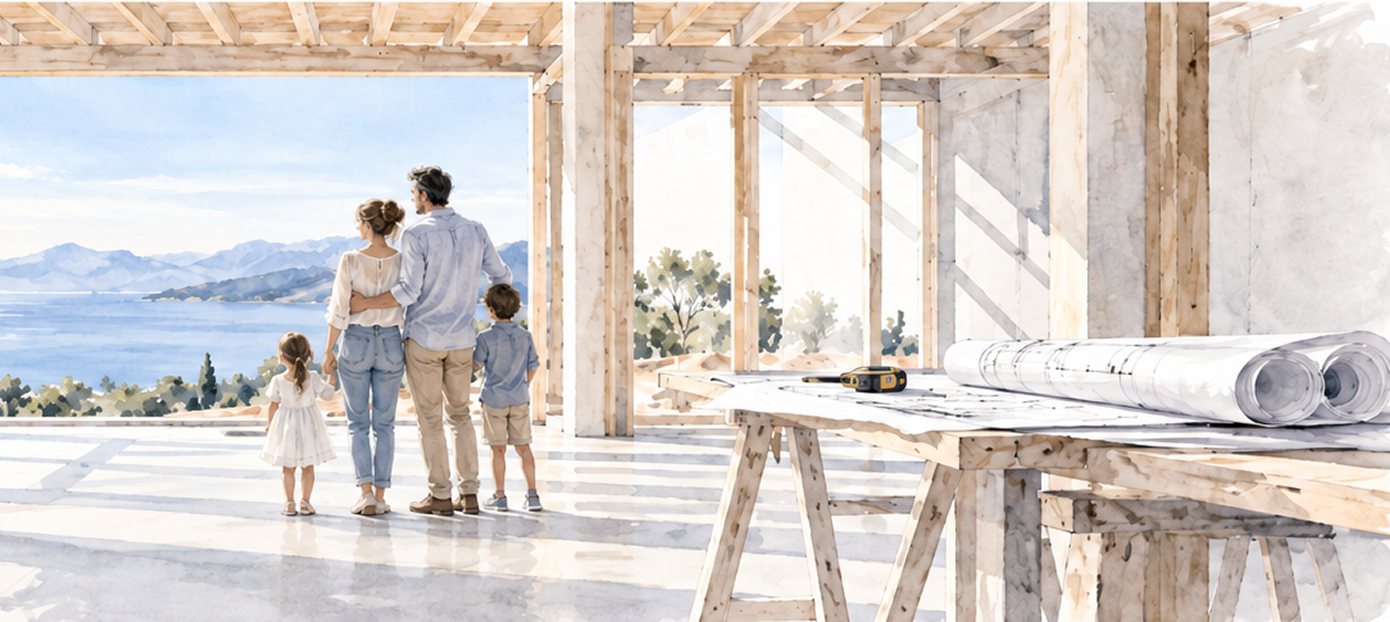 Watercolour of a family standing in the timber frame of their new home, looking out to the sea, with drawings on a trestle table