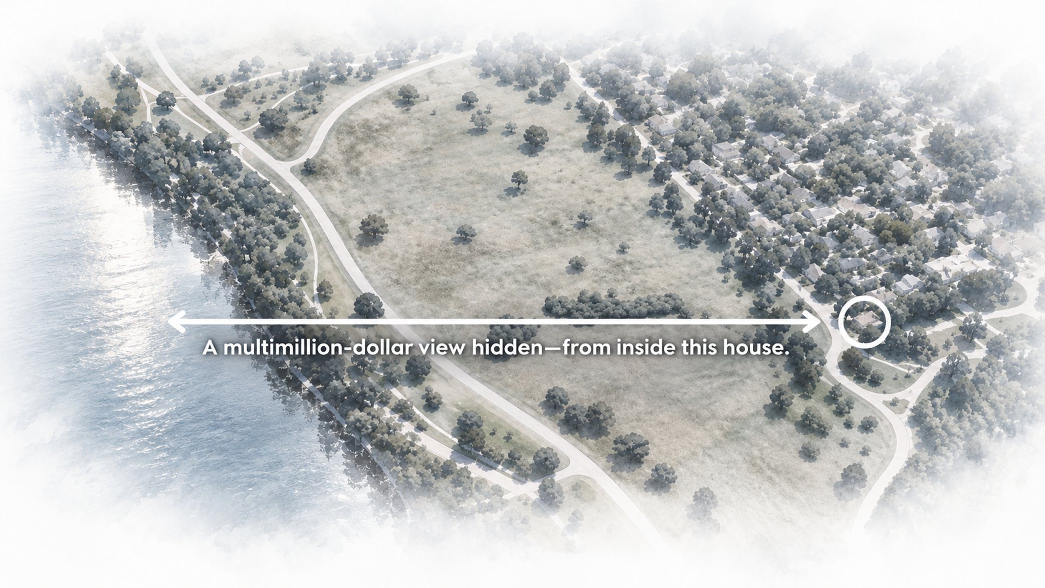 Aerial watercolour of a wooded riverside property with the house circled and the caption “A multimillion-dollar view hidden — from inside this house”