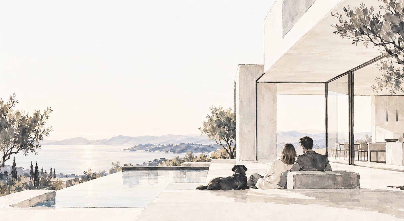 Watercolour of a couple and their dog sitting at the edge of a terrace pool, looking out over the sea at dusk from a modern house