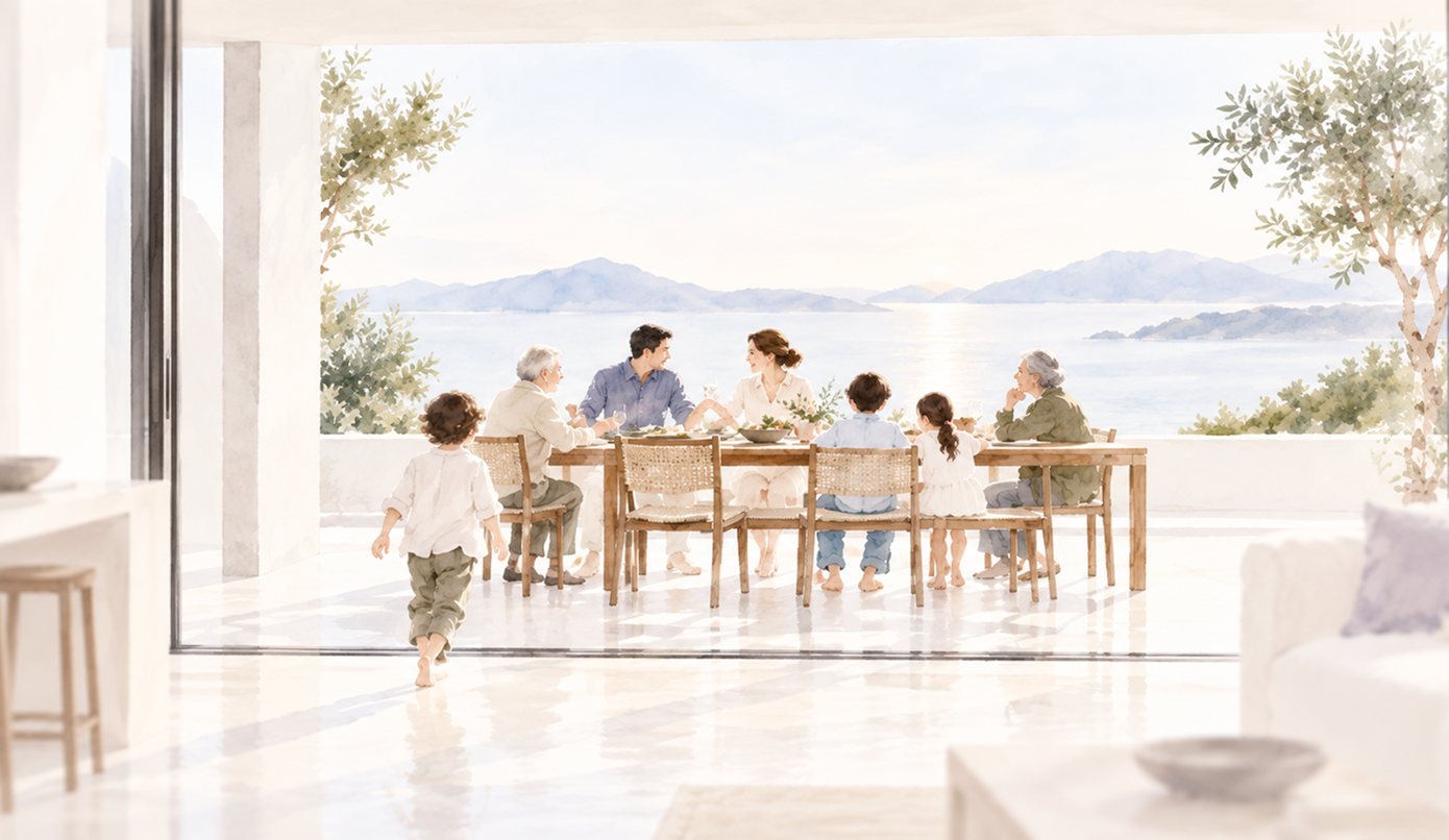 Watercolour of three generations gathered around a long table in an open room, looking out to the sea